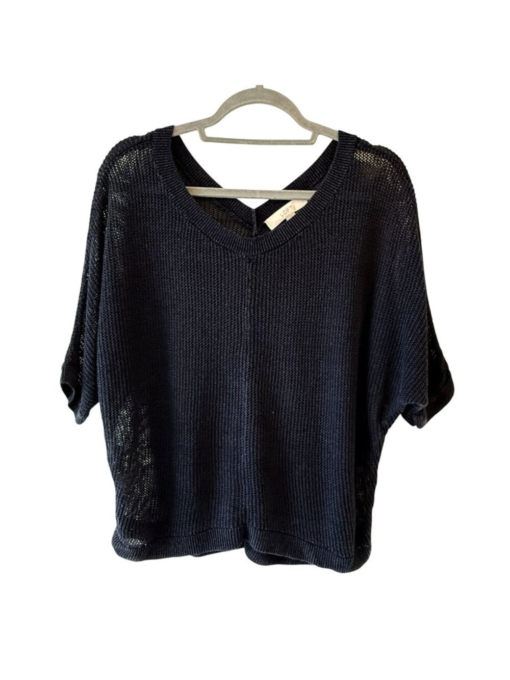 Ann Taylor Loft Navy Open Knit Linen Blend Dolman Sleeve Sweater Size M